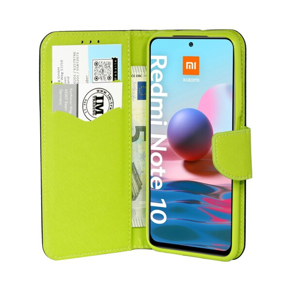 cofi1453® Buch Tasche "Fancy" kompatibel mit XIAOMI REDMI NOTE 10 Handy Hülle Etui Brieftasche Schutzhülle mit Standfunktion, Kartenfach Blau-Grün