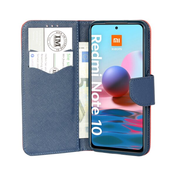 cofi1453® Buch Tasche "Fancy" kompatibel mit XIAOMI REDMI NOTE 10 Handy Hülle Etui Brieftasche Schutzhülle mit Standfunktion, Kartenfach Rot-Blau