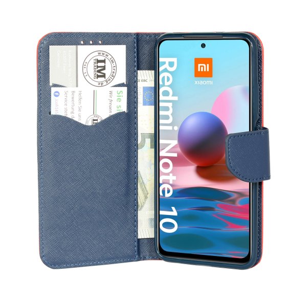 cofi1453® Buch Tasche "Fancy" kompatibel mit XIAOMI REDMI NOTE 10 Handy Hülle Etui Brieftasche Schutzhülle mit Standfunktion, Kartenfach Rot-Blau