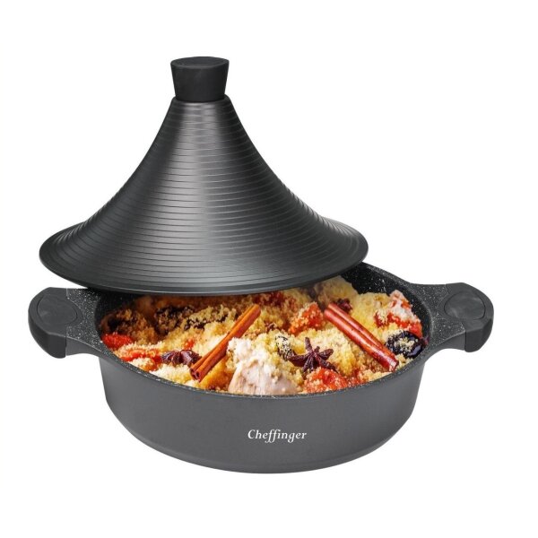 Aluguss Tajine Tagine Ø28cm Induktion Silikongriffe Gartopf Dampfgarer Bräter schwarz