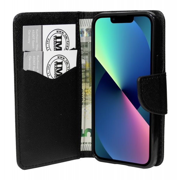 cofi1453® Buch Tasche "Fancy" kompatibel mit iPhone 13 Handy Hülle Etui Brieftasche Schutzhülle mit Standfunktion, Kartenfach Schwarz