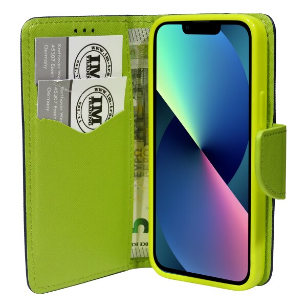 cofi1453® Buch Tasche "Fancy" kompatibel mit iPhone 13 Handy Hülle Etui Brieftasche Schutzhülle mit Standfunktion, Kartenfach Blau-Grün