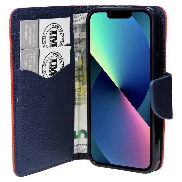 cofi1453® Buch Tasche "Fancy" kompatibel mit iPhone 13 Mini Handy Hülle Etui Brieftasche Schutzhülle mit Standfunktion, Kartenfach Rot-Blau