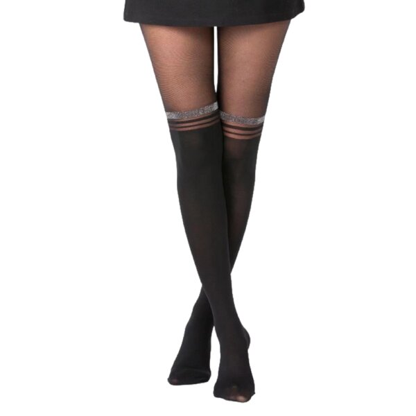 Damen Strumpfhose mit Overknees Effekt Blickdicht Glitzer Muster 40/120 DEN Baumwollzwickel Frauen Schwarz