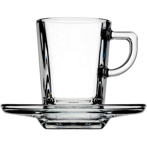 Pasabahce Carre Service Espressotassen mit Teller Untertasse mit Henkel Griff, Glas, Transparent, 12 Teilig