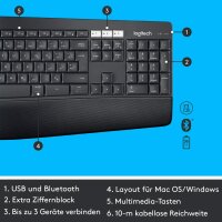 Logitech MK850 Performance Kabelloses Tastatur-Maus-Set, Bluetooth & 2.4 GHz Verbindung via USB-Empfänger, Multi-Device, 24 bis 36-Monate Akkuleistung, Handballenauflage, Deutsches QWERTZ-Layout