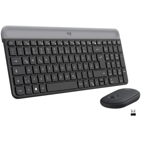 Logitech MK470 Slim Combo Kabelloses Tastatur-Maus-Set, 2.4 GHz Verbindung via Nano-USB-Empfänger, 10m Reichweite, 18-Monate Batterielaufzeit, PC/Laptop, Deutsches QWERTY-Layout - Schwarz/Graphit