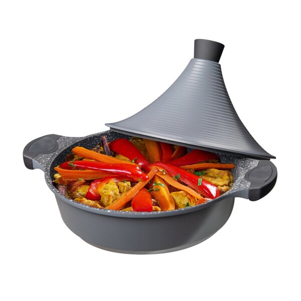 Aluguss Tajine Tagine Ø28cm Induktion Silikongriffe Gartopf Dampfgarer Bräter silber