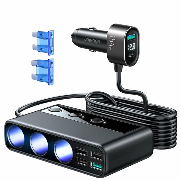 Joyroom 9in1 Autoladegerät 154W - 5x USB / 1x USB Typ C / 3x Zigarettenanzünderbuchse Power Delivery / Quick Charge / PPS / AFC / FCP schwarz