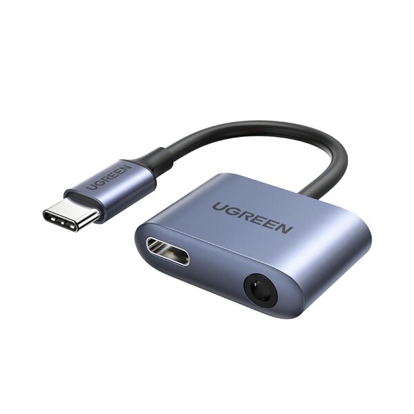 Ugreen USB Typ C (männlich) - USB Typ C PD QC (weiblich) + 3,5mm Miniklinke (weiblich) Audio Adapter grau