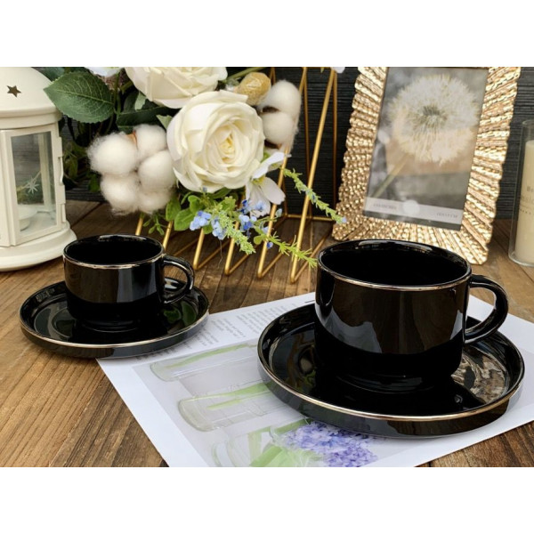 12-Teiliges Kaffeeset aus Porzellan mit Untertassen Kaffeebecher Tasse Schwarz mit Gold Umrandung