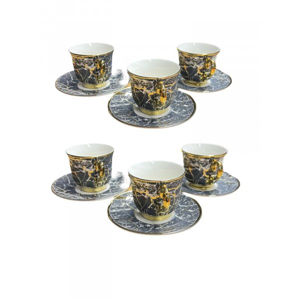 12-Teiliges Kaffeeset aus Porzellan mit Untertassen Kaffee Tasse Marmor Look Grau, Gold Umrandung