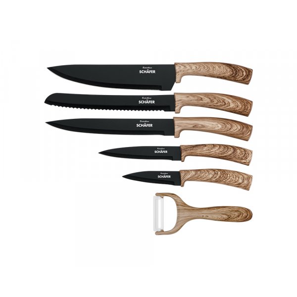 6 teiliges Messerset (5 Messer & 1 Sparschäler) in Klappbox mit Magnetverschluss scharfe Messerklingen Küchenmesser Fleischmesser Holz Optik