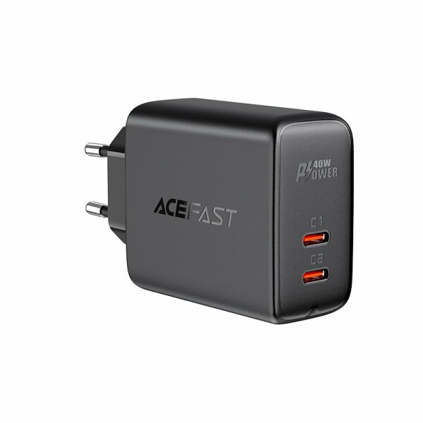 Acefast Dual Ladegerät 2x USB Typ C 40W, PPS, PD, QC 3.0, AFC, FCP Netzteil Adapter Stecker schwarz