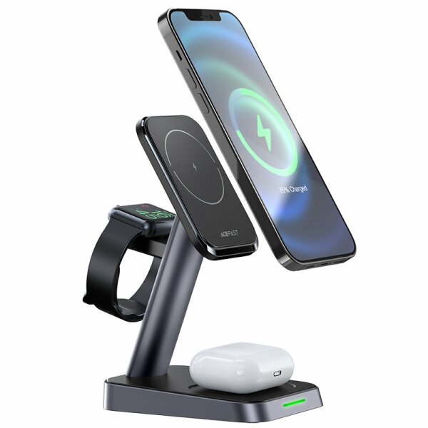 Acefast Wireless Charger 15W für iPhone (mit MagSafe), Apple Watch und Apple AirPods Standhalterung Magnethalter schwarz