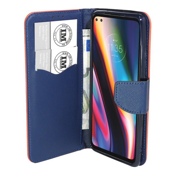 Buch Tasche "Fancy" kompatibel mit MOTOROLA MOTO G 5G Handy Hülle Etui Brieftasche Schutzhülle mit Standfunktion, Kartenfach Rot-Blau