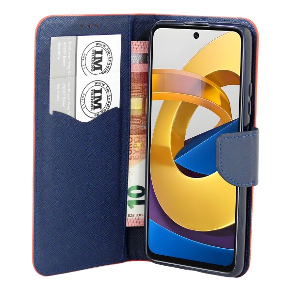 Buch Tasche "Fancy" kompatibel mit XIAOMI POCO M4 PRO 5G Handy Hülle Etui Brieftasche Schutzhülle mit Standfunktion, Kartenfach Rot-Blau