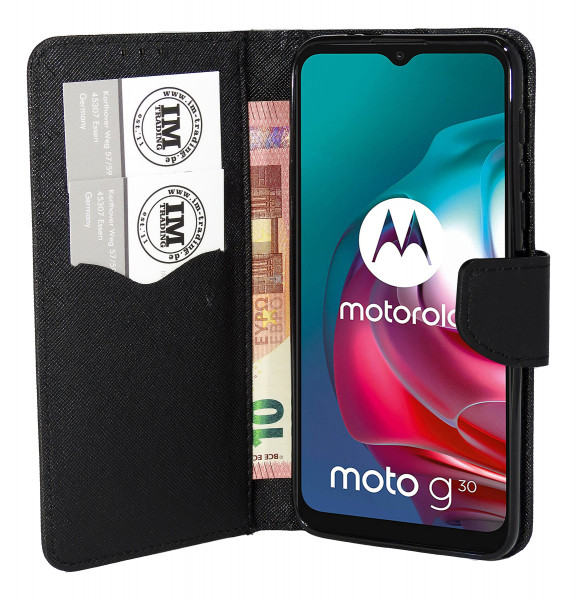 Buch Tasche "Fancy" kompatibel mit MOTOROLA MOTO G30 Handy Hülle Etui Brieftasche Schutzhülle mit Standfunktion, Kartenfach Schwarz