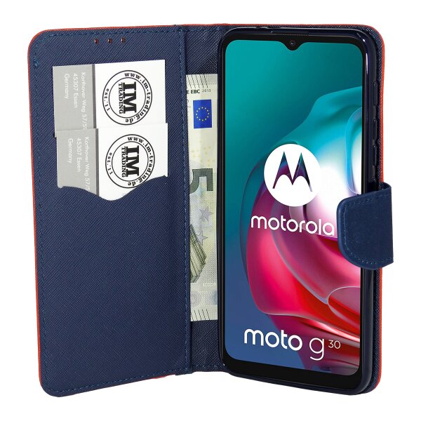 Buch Tasche "Fancy" kompatibel mit MOTOROLA MOTO G10 Handy Hülle Etui Brieftasche Schutzhülle mit Standfunktion, Kartenfach Rot-Blau