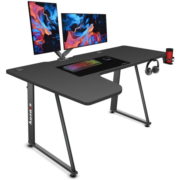 huzaro Hero 7.7 Spieltisch Schreibtisch PC Computer Schreibtisch Ergonomische Carbon Tischplatte Kopfhörer Haken Getränkehalter Rutschfest Schwarz 160 x 75 x 100 cm