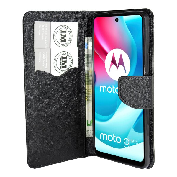 Buch Tasche "Fancy" kompatibel mit MOTOROLA MOTO G60S Handy Hülle Etui Brieftasche Schutzhülle mit Standfunktion, Kartenfach Schwarz