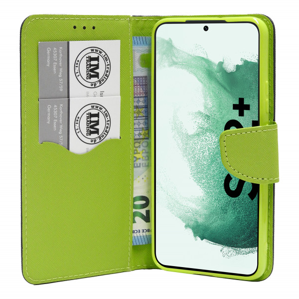 Buch Tasche "Fancy" kompatibel mit SAMSUNG GALAXY S22 PLUS Handy Hülle Etui Brieftasche Schutzhülle mit Standfunktion, Kartenfach Blau-Grün