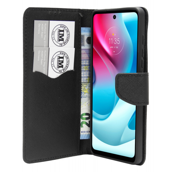 Buch Tasche "Fancy" kompatibel mit Motorola Moto G60s Handy Hülle Etui Brieftasche Schutzhülle mit Standfunktion, Kartenfach Schwarz