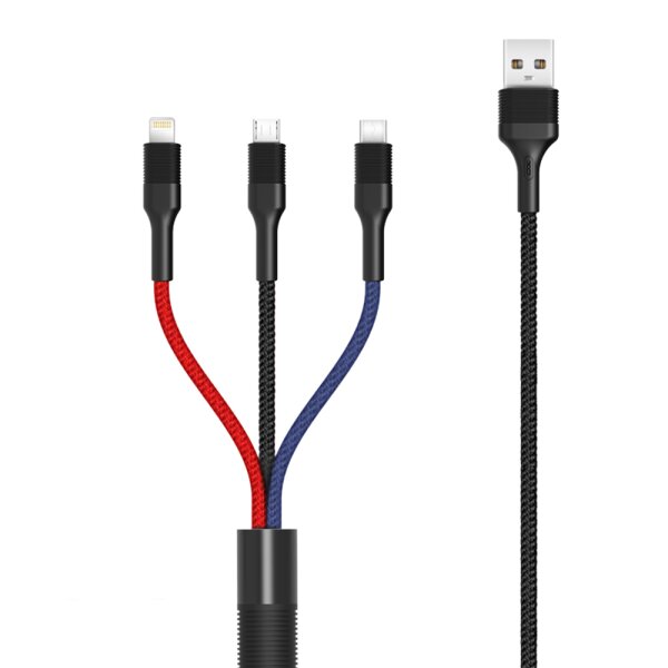 XO 3in1 Nylon Ladegerät Kabel 3A 1.2m Micro USB TYP-C iOS Anschluss Fast Charge Schnell Ladekabel kompatibel mit Smartphone Tablet schwarz