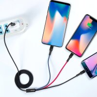 XO 3in1 Nylon Ladegerät Kabel 3A 1.2m Micro USB TYP-C iOS Anschluss Fast Charge Schnell Ladekabel kompatibel mit Smartphone Tablet schwarz