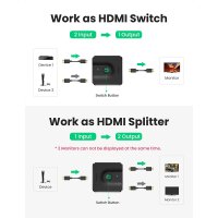 Ugreen HDMI Switch, 2 in 1 Out Switch, 4K HDMI Splitter, 1 to 2 HDMI Splitter, 1080P 3D Bi-Directional for PS4, PS3, Xbox, TV Stick, Chromecast Screen, Blu-Ray, DVD Player, Monitor Etc