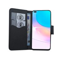 Buch Tasche "Fancy" kompatibel mit HUAWEI NOVA 8i Handy Hülle Etui Brieftasche Schutzhülle mit Standfunktion, Kartenfach Schwarz