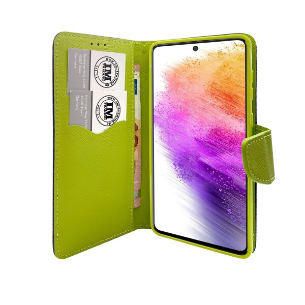 Buch Tasche "Fancy" kompatibel mit SAMSUNG GALAXY A73 5G Handy Hülle Etui Brieftasche Schutzhülle mit Standfunktion, Kartenfach Blau-Grün