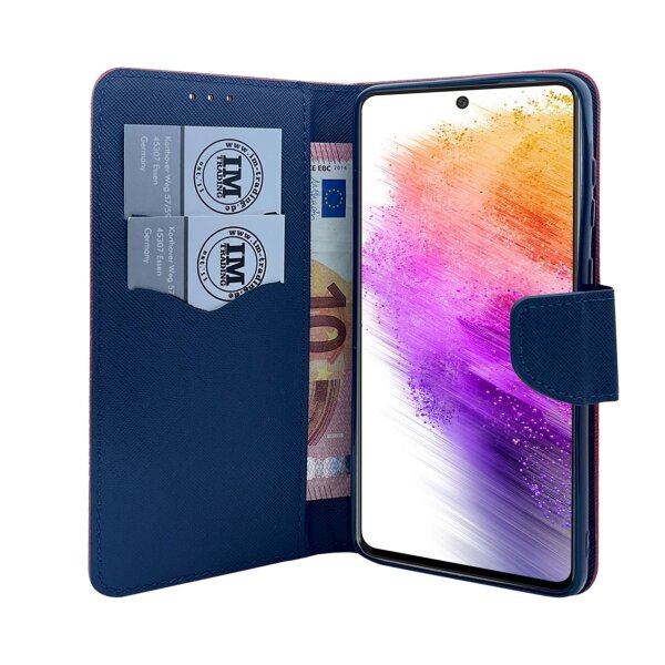 Buch Tasche "Fancy" kompatibel mit SAMSUNG GALAXY A73 5G Handy Hülle Etui Brieftasche Schutzhülle mit Standfunktion, Kartenfach Rot-Blau