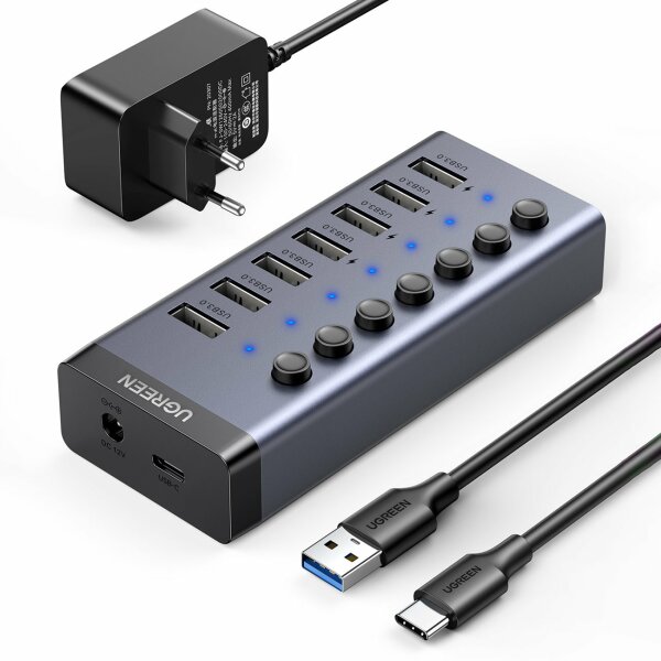 Ugreen Multifunktions HUB 7in1 USB Typ C - 7x USB Typ A 3.0 PD DC 12V PowerDelivery Ladegerät grau