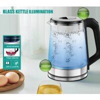 Cheffinger Glas Edelstahl Wasserkocher 2000W mit LED-Beleuchtung Teekocher