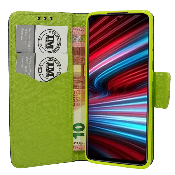 Buch Tasche "Fancy" kompatibel mit XIAOMI REDMI NOTE 11T 5G Handy Hülle Etui Brieftasche Schutzhülle mit Standfunktion, Kartenfach Blau-Grün