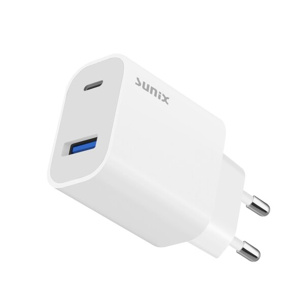 Sunix PD 20W Schnell-Ladegerät 2 Ports 1x USB 1x Typ-C Netzteil Stecker 4x Schneller weiß