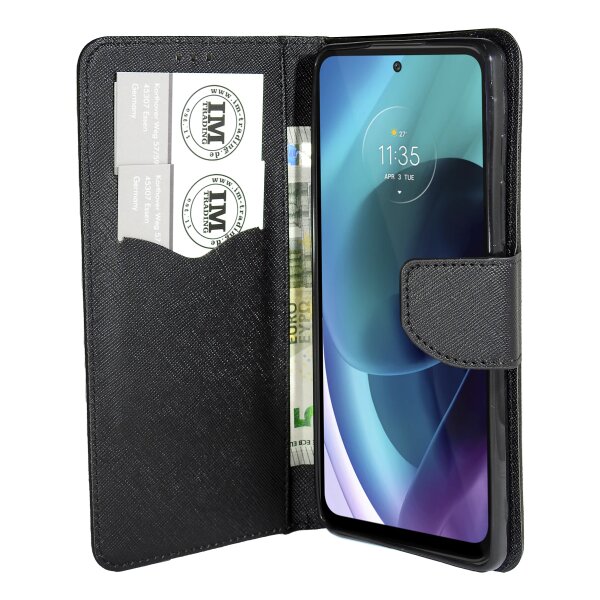 Buch Tasche "Fancy" kompatibel mit MOTOROLA MOTO G71 5G Handy Hülle Etui Brieftasche Schutzhülle mit Standfunktion, Kartenfach Schwarz