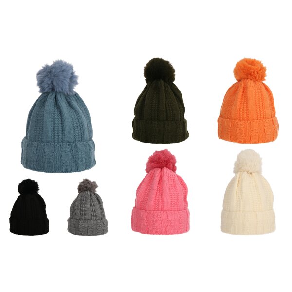 Wintermütze warm gefüttert mit Kunstfell Bommel-Mütze Fleece-Futter Winter Strick-Mütze Beanie-Mütze Damen Herren One-Size