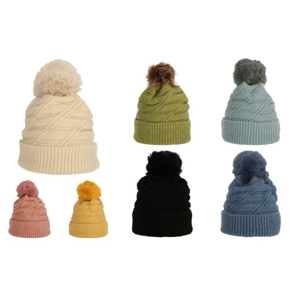 Wintermütze warm gefüttert mit Kunstfell Bommel-Mütze Fleece-Futter Winter Strick-Mütze Beanie-Mütze Damen Herren One-Size