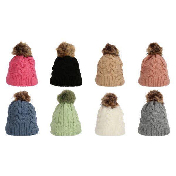 Wintermütze warm gefüttert mit Kunstfell Bommel-Mütze Fleece-Futter Winter Strick-Mütze Damen Herren One-Size