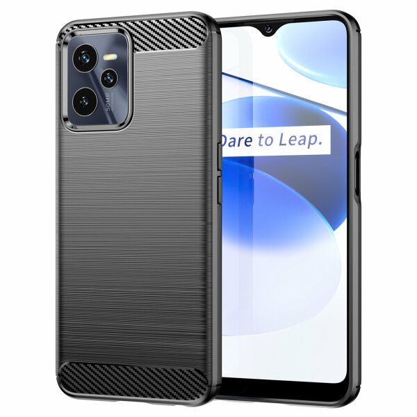 Silikon Hülle Carbon kompatibel mit Realme C35 Case TPU Soft Handyhülle Cover Schutzhülle Schwarz