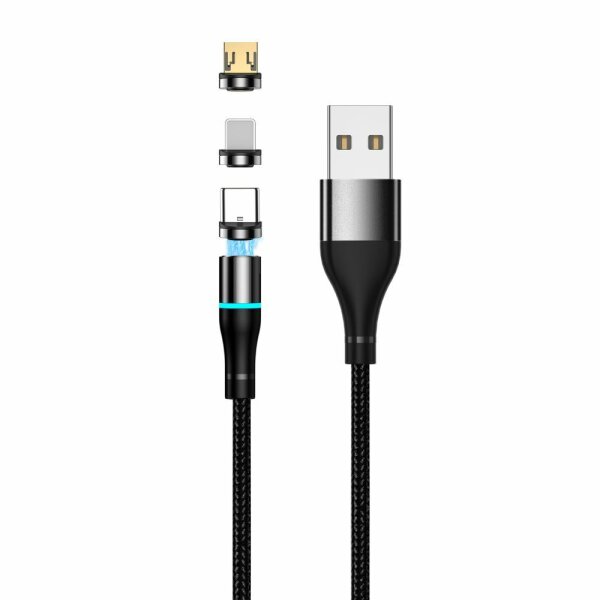 Kremer Magnetisches Lade & Datenkabel 3in1 Schnell-Ladekabel PD+QC 3.0 USB-C, iPhone, Micro-USB schwarz