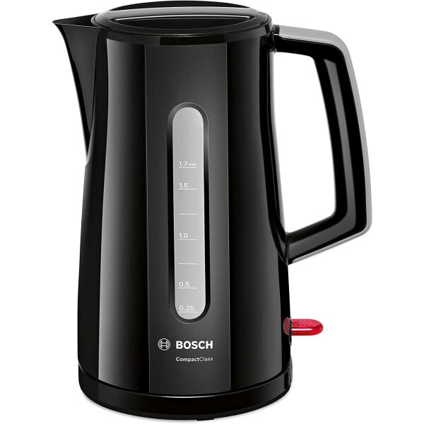 Bosch Wasserkocher CompactClass TWK3A013, schnelles Aufheizen, Wasserstandsanzeige beidseitig, Überhitzungsschutz, 1,7 L, 2400 W, schwarz