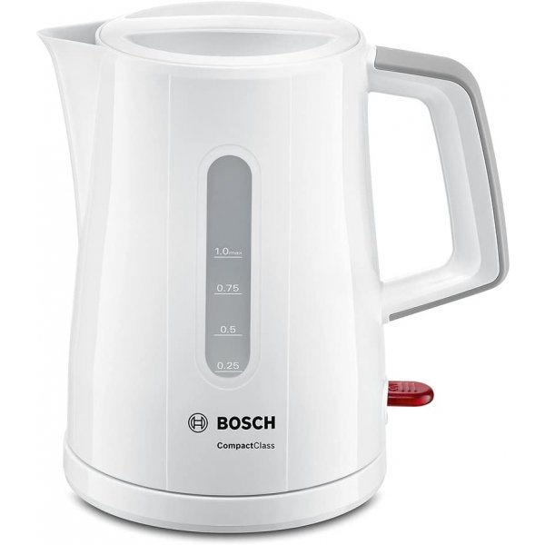 Bosch Wasserkocher CompactClassTWK3A051, schnelles Aufheizen, Wasserstandsanzeige beidseitig, Überhitzungsschutz, 1 L, 2400 W, weiß
