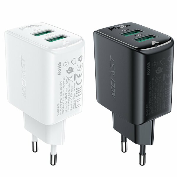 Acefast Ladegerät 2x USB 18W QC 3.0, AFC, FCP Schnell-Ladegerät Quick Charge 3.0 Adapter