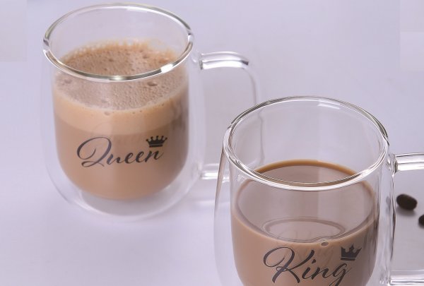 2er Doppelwand Teegläser 300 ml Kaffeegläser mit Henkel "Queen & King" Camli Bardak transparent