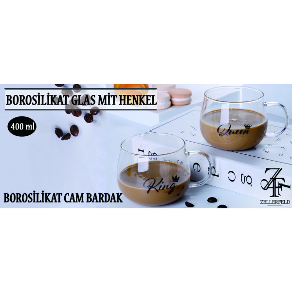 2er Set "King & Queen" Borosilikat Glas mit Henkel 400 ml Cam Bardagi für Kaffee & Tee transparent