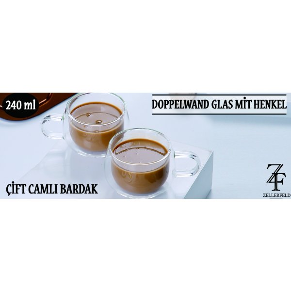 2er Set Doppelwand Glas mit Henkel für Kaffee Tee Gläser-Set 240 ml transparent