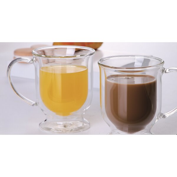 2er Set Doppelwand Glas mit Henkel 300 ml Tee / Kaffeegläser Camli Bardak Trinkgläser, Teegläser, Cappuccino transparent